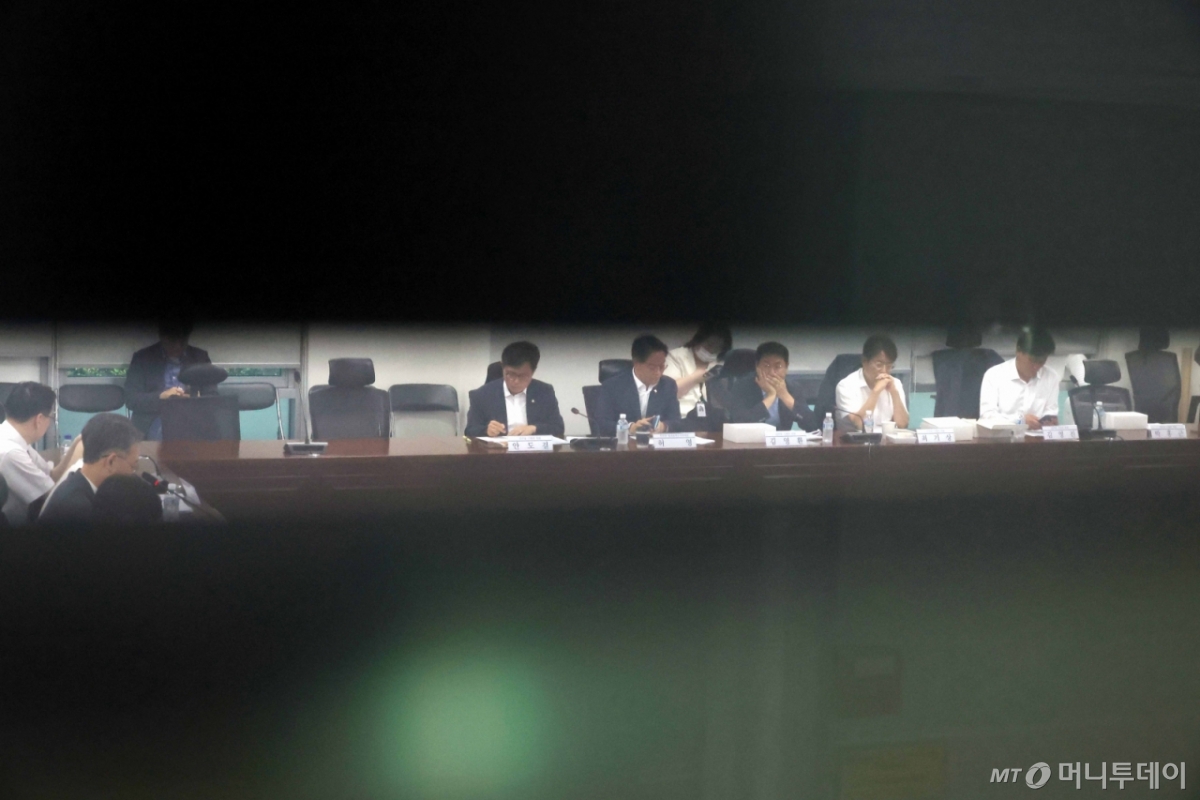 [서울=뉴시스] 조성봉 기자 = 이형일(왼쪽 두번째)기획재정부 1차관과 허영(오른쪽 네번째) 더불어민주당 정책수석 등이 29일 오전 서울 여의도 국회에서 열린 당정협의에서 배당소득 분리과세 등 세제개편 논의를 하고 있다. 2025.07.29. suncho21@newsis.com /사진=조성봉