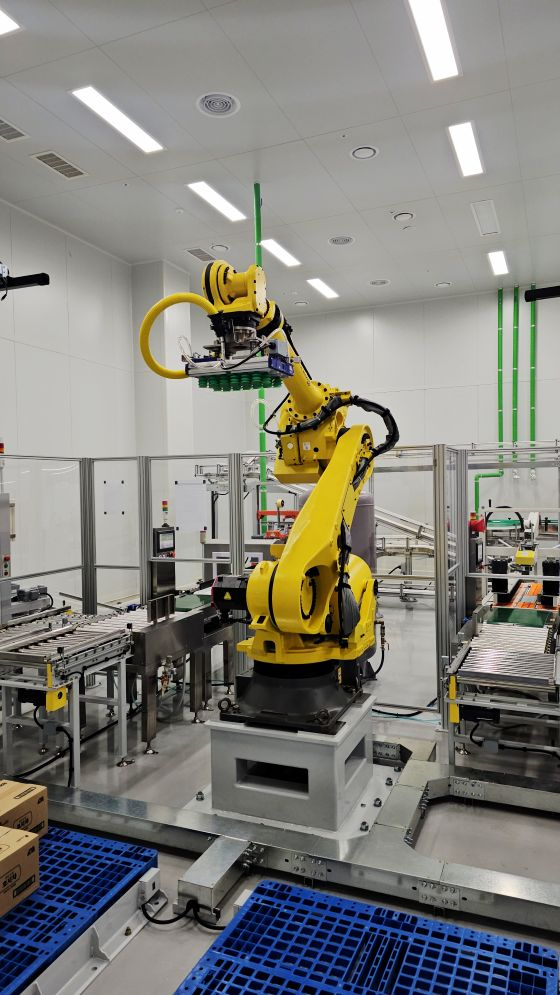 대형 로봇팔은 완성된 박스를 한 상자씩 들어 올려 팔레트 위에 정확한 높이와 간격으로 쌓아 올리는 작업을 한다/사진=류준영 기자 