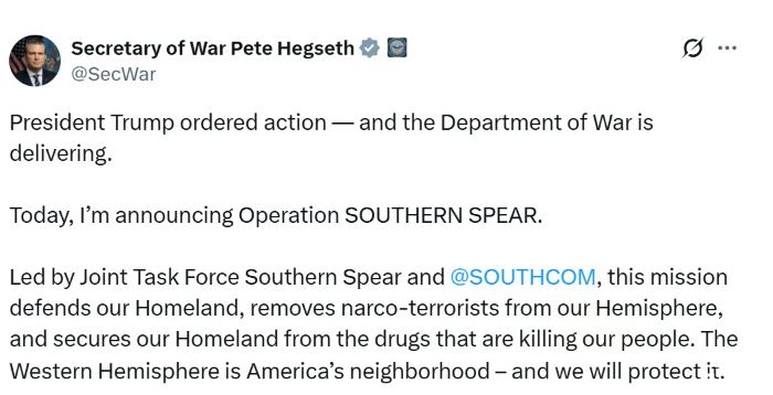 /사진=미국 국방장관 X 계정