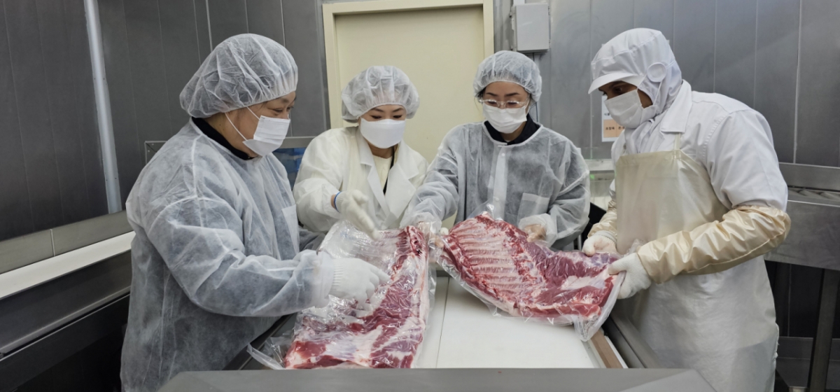 정부가 오는 2030년 돼지열병(CSF) 청정화 추진 로드맵을 발표한 가운데 김정원 농식품부 구제역방역과 사무관이 지난 13일 싱가포르수출 1호 작업장으로 지정된 제주 (주)대한에프앤비 관계자와 가공품 상태를 꼼꼼히 살펴보고 있다. /사진=정혁수