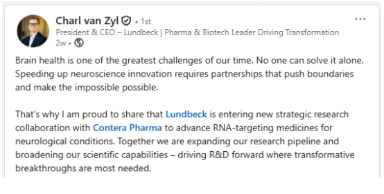 샤를 반 질 룬드벡 대표가 자신의 SNS에 콘테라파마와 연구 협력에 대해 언급한 글./사진=링크드인, 콘테라파마