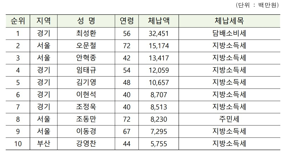 2025년 지방세 고액·상습체납자 체납액 상위 10명 명단/사진제공=행안부