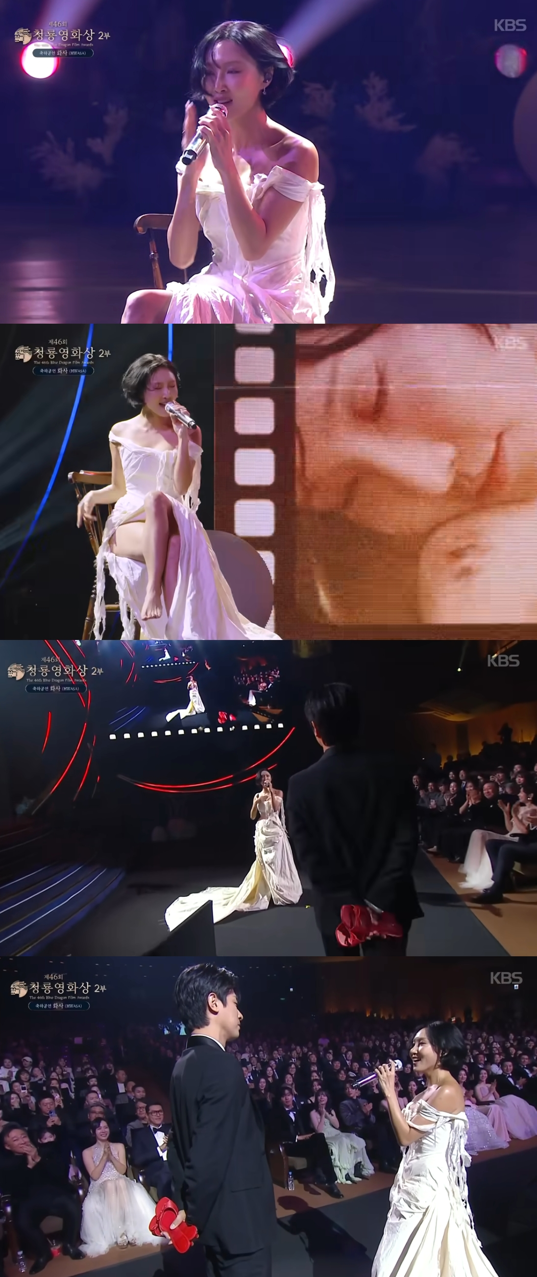 가수 화사가 청룡영화상 축하 무대에서 배우 박정민과 설렘 가득한 호흡을 맞췄다. /사진=KBS '제46회 청룡영화상' 방송화면