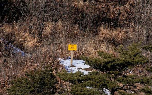 2019년 2월 강원 고성 감시초소(GP)에서 바라 본 군사분계선(MDL) 표식. / 사진=뉴시스
