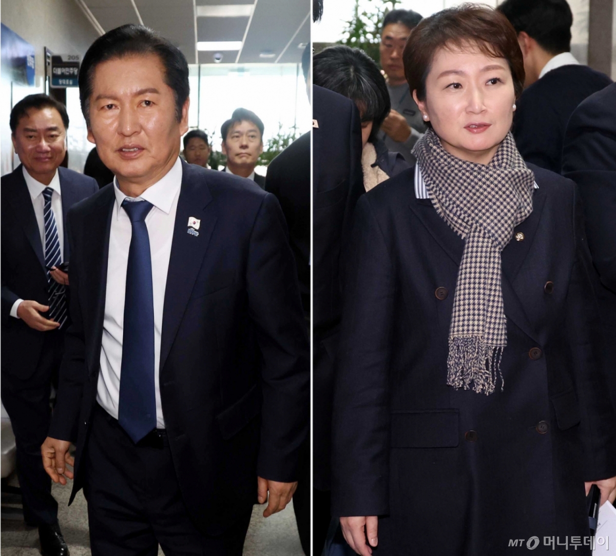 [서울=뉴시스] 조성봉 기자= 정청래(왼쪽 사진) 더불어민주당 대표와 이언주 최고위원이 24일 오후 서울 여의도 국회에서 열린 당무위원회에서 '당원 1인 1투표제' 관련 논의를 마치고 밖으로 나서고 있다. 민주당은 대의원·권리당원 '1인1표제' 당헌·당규 개정을 결정할 중앙위원회 소집을 오는 28일에서 다음 달 5일로 연기할 예정이다. 2025.11.24. suncho21@newsis.com /사진=조성봉