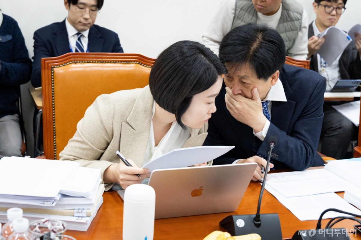 (서울=뉴스1) 유승관 기자 = 국회 기획재정위원회 더불어민주당 이소영(왼쪽), 오기형 의원이 24일 서울 여의도 국회에서 열린 제429회 국회(정기회) 제5차 조세소위원회에서 대화하고 있다. 2025.11.24/뉴스1  Copyright © 뉴스1. All rights reserved. 무단 전재 및 재배포,  AI학습 이용 금지. /사진=(서울=뉴스1) 유승관 기자