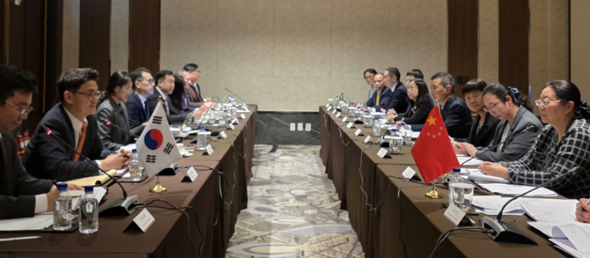 이번 회담의 양측 수석대표인 황준식 외교부 국제법률국장(왼쪽 두번째)과 궈옌 외교부 동황해사무대표(오른쪽 첫번째)가 25일 인천에서 해양경계획정 제14차 국장급 회담을 열었다. / 사진=외교부