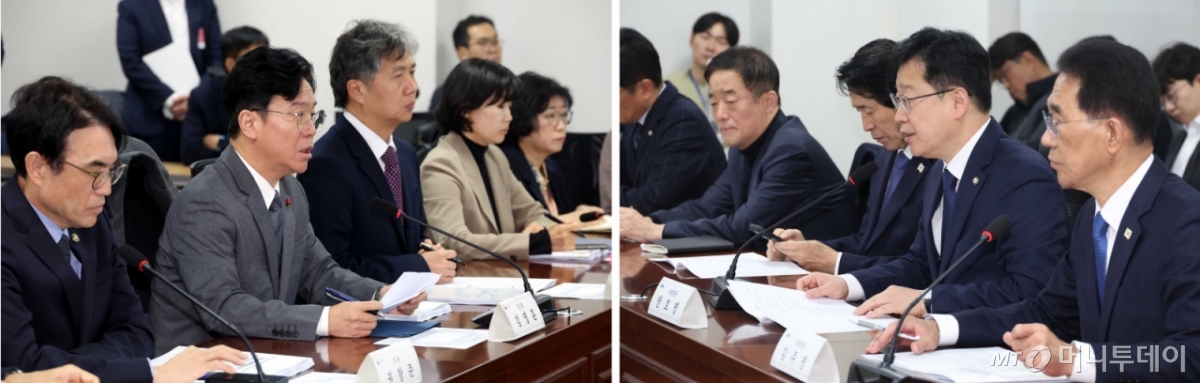 [서울=뉴시스] 조성봉 기자= 김영훈 고용노동부 장관과 안호영(오른쪽 사진) 국회 기후에너지환경노동위원회 위원장이 26일 오전 서울 여의도 국회에서 열린 당정협의회에서 각각 발언을 하고 있다. 2025.11.26. suncho21@newsis.com /사진=