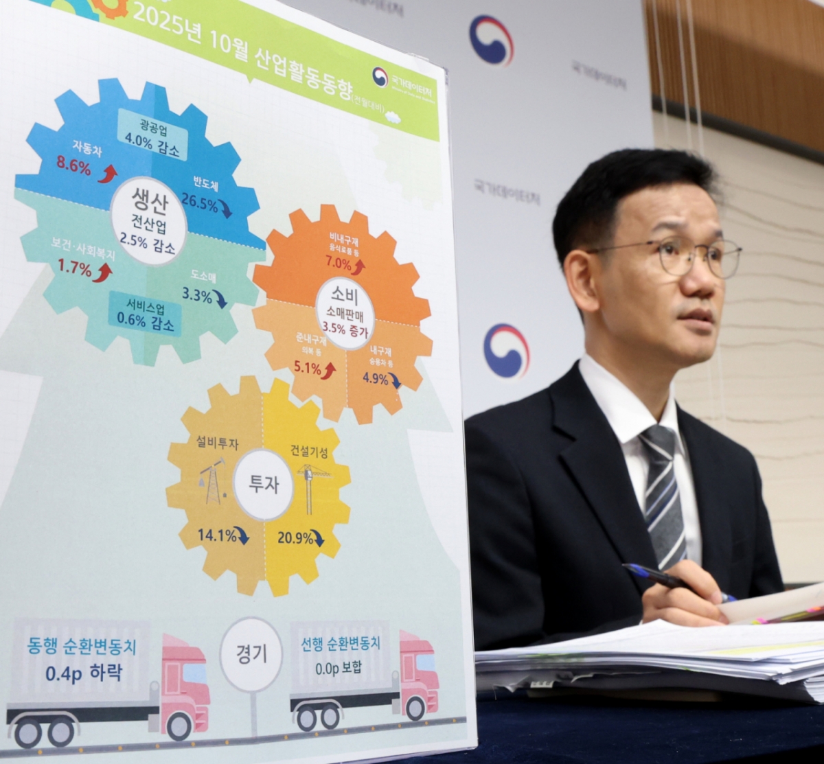 이두원 국가데이터처 경제동향통계심의관이 28일 세종시 정부세종청사에서  2025년 10월 산업활동동향을 발표하고 있다./사진제공=뉴스1