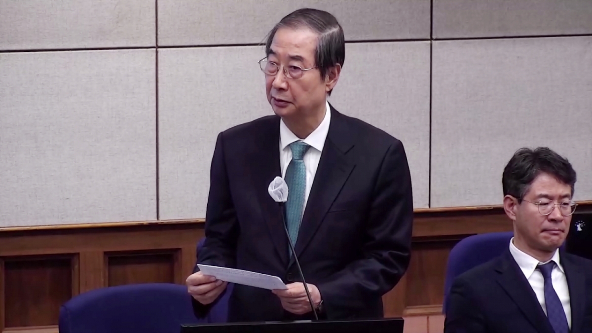 한덕수 전 국무총리가 26일 서울 서초구 서울중앙지방법원에서 열린 내란 우두머리 방조, 내란 중요임무 종사 등 혐의 사건의 결심 공판에서 최후진술을 하고 있다. /사진=뉴시스