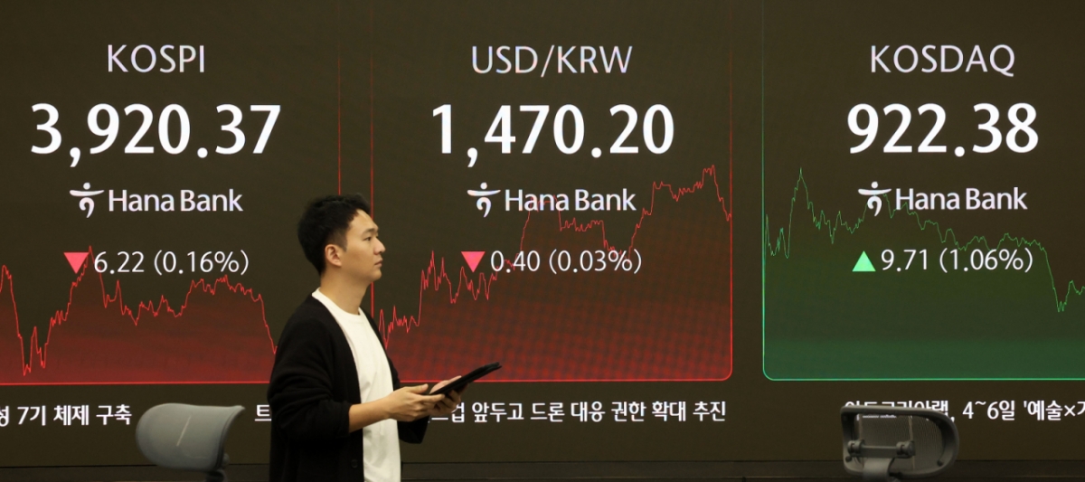 [서울=뉴시스] 김선웅 기자 = 코스피가 전 거래일(3926.59)보다 6.22포인트(0.16%) 내린 3920.37, 코스닥 지수는 전 거래일(912.67)보다 9.71포인트(1.06%) 상승한 922.38에 거래를 마쳤다.  서울 외환시장에서 원·달러 환율이 전 거래일 주간거래 종가(1470.6원)보다 0.7원 내린 1469.9원에 주간 거래를 마친 1일 오후 서울 중구 하나은행 본점 딜링룸에서 딜러가 업무를 수행하고 있다. 2025.12.01. mangusta@newsis.com /사진=김선웅