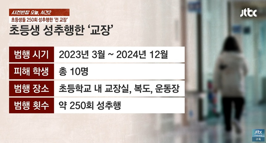 13세 미만 초등학생 10명을 약 250회에 걸쳐 상습적으로 추행한 60대 교장 사건이 전해졌다. /사진=JTBC '사건반장' 캡처 