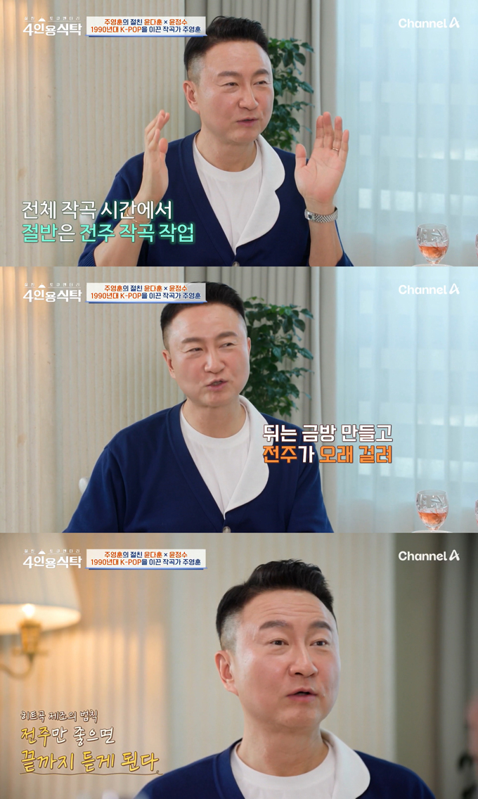 작곡가 주영훈이 90년대 나이트클럽에서 영감을 받아 곡 작업을 했다고 밝혔다. /사진=채널A '절친 토큐멘터리 4인용식탁' 방송 화면