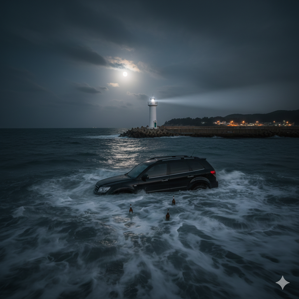 전남 진도에서 음주 상태로 차량을 운전하다 바다에 빠뜨린 뒤 달아난 40대 남성이 경찰에 검거됐다. 사진은 기사 내용을 토대로 AI가 만든 이미지. /사진=AI 생성