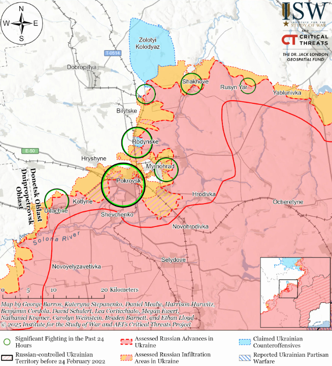 1일(현지시간) 기준 우크라이나 동부 돈바스 지역 도네츠크주의 포크로우스크 전장 상황을 나타낸 지도 /사진=미국 싱크탱크 전쟁연구소(ISW)