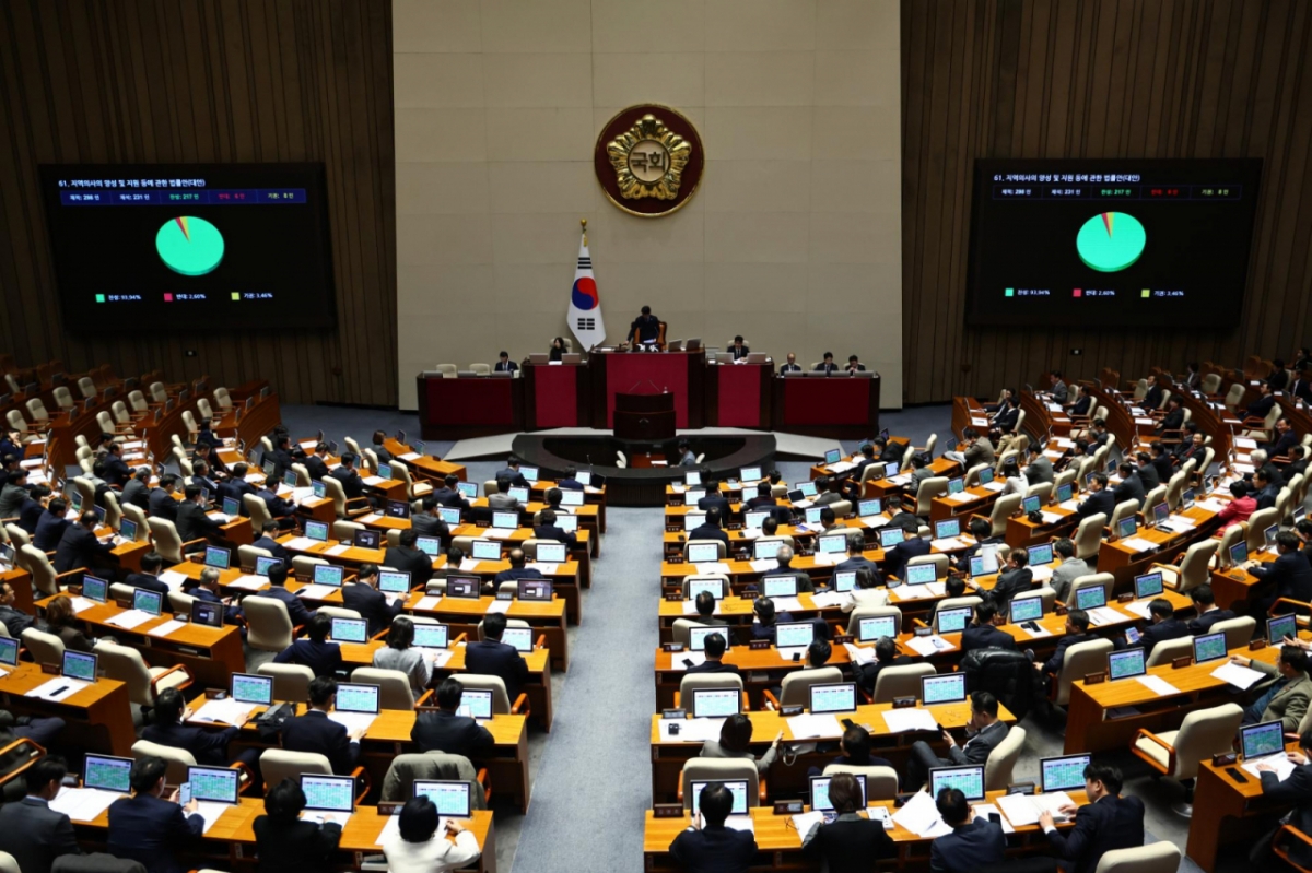 2일 오후 서울 여의도 국회에서 열린 본회의에서 지역의사의 양성 및 지원 등에 관한 법률안(대안)이 통과되고 있다./사진= 뉴시스