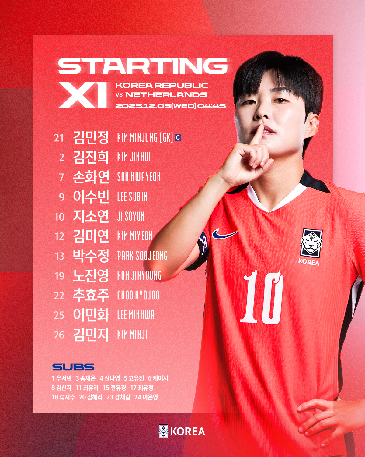 사상 첫 네덜란드와 평가전에 나선 대한민국 여자축구대표팀 선발 라인업. /사진=대한축구협회 제공