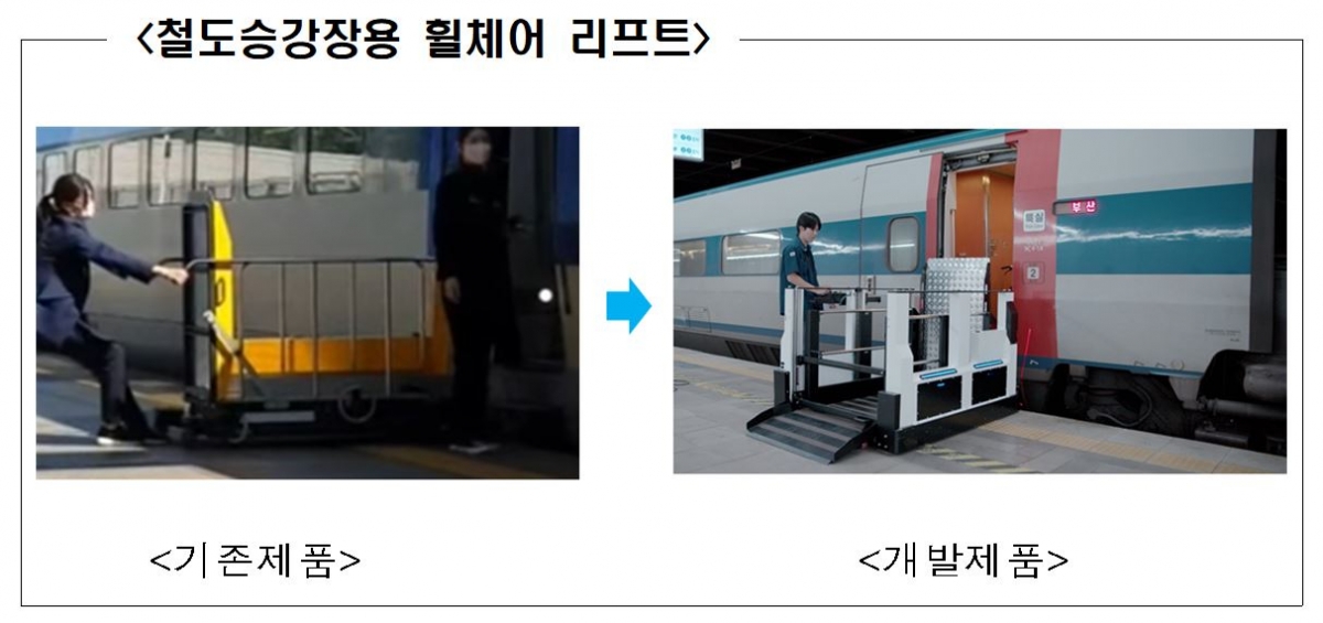 코레일이 출품한 철도 승강장용 휠체어 리프트. /사진제공=코레일