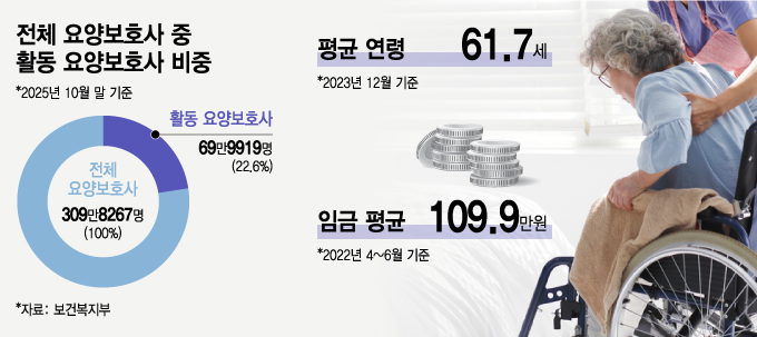 전체 요양보호사 중 활동 요양보호사 비중은 올해 10월 기준 22.6%에 불과했다. /그래픽=김지영 디자인 기자.
