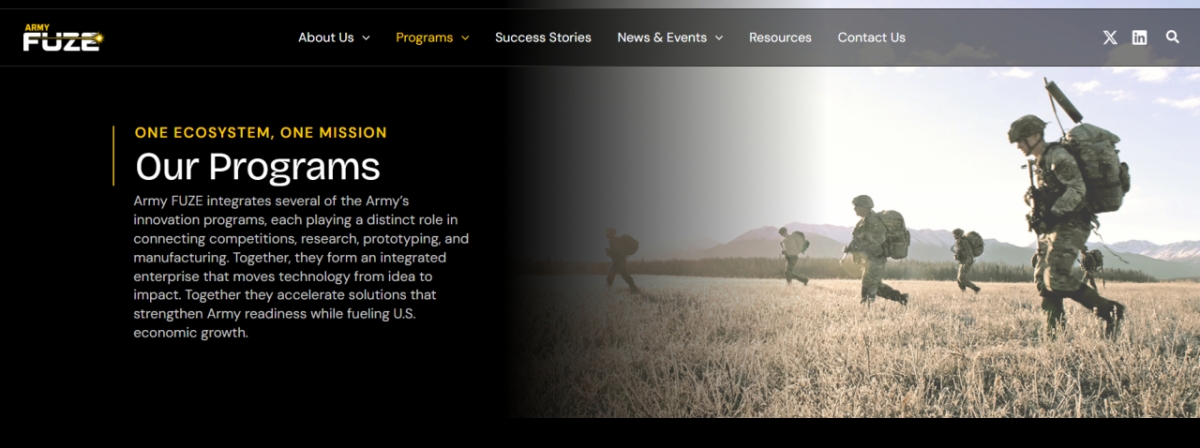 미국 육군이 민간 액셀러레이터 '와이콤비네이터'와 가동한 '퓨즈' 프로그램. 이 프로그램은 아이디어를 실전으로 전환하는 통합 생태계를 형성하며, 육군 준비태세를 강화하는 동시에 미국 경제 성장을 촉진하는 솔루션을 가속화한다고 홈페이지에 설명돼 있다. / 사진=미 육군