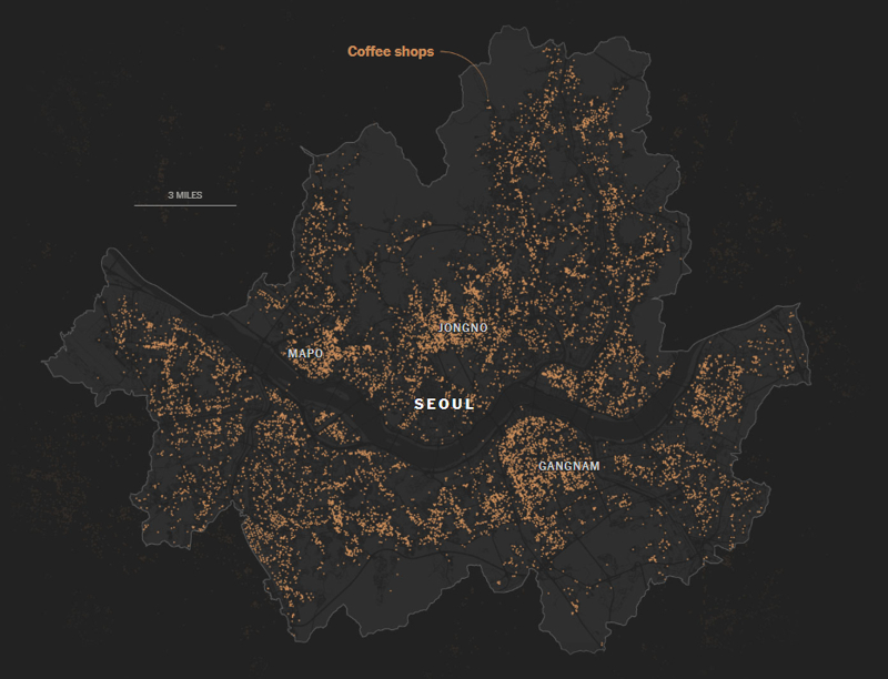 서울에 문을 연 1만여개의 카페들을 주황색으로 표기한 지도. 종로와 마포, 강남에 카페가 몰려 있는 게 보인다. /사진=뉴욕타임스(한국지역정보개발원 자료)