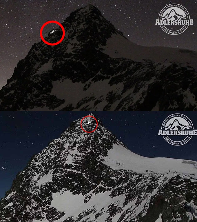 오스트리아 그로스그록너의 정상 인근에서 거트너와 플럼버거의 헤드라이트가 밝게 빛나는 모습(위)과 이후 홀로 하산하는 플럼버거의 헤드라이트가 산 반대편에서 빛나는 모습(아래)이 웹캠에 포착됐다. /사진=포토웹캠.eu