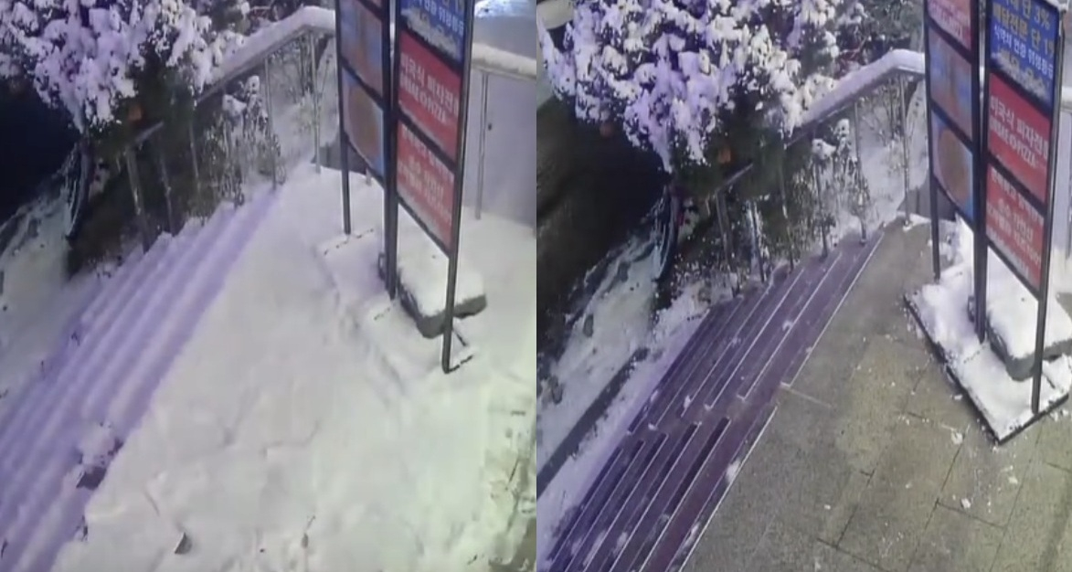 폭설이 쏟아졌던 날 가게 앞에 쌓인 눈을 말끔히 치워주고 떠난 배달 기사가 화제다./사진=SNS