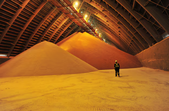 캐나다 비료업체 뉴트리엔의 창고에 미국이 사용하는 비료의 핵심 품목인 칼륨 비료(포타시)가 쌓여있다. /로이터=뉴스1