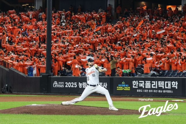 한화 이글스 유니폼을 입고 투구하는 라이언 와이스