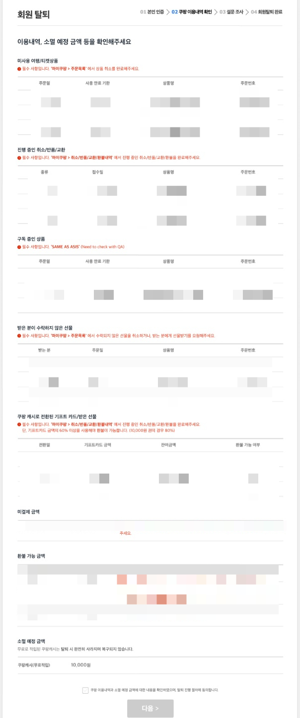 모바일로 쿠팡 회원 탈퇴시 진행하는 화면. 미사용 쿠폰, 쿠팡페이 등 이용 중단 시 연계된 서비스와 할인 혜택 정산 작업을 마치려면 신청 직후 탈퇴 승인이 현실적으로 어려운 구조다. /사진=쿠팡 앱 갈무리