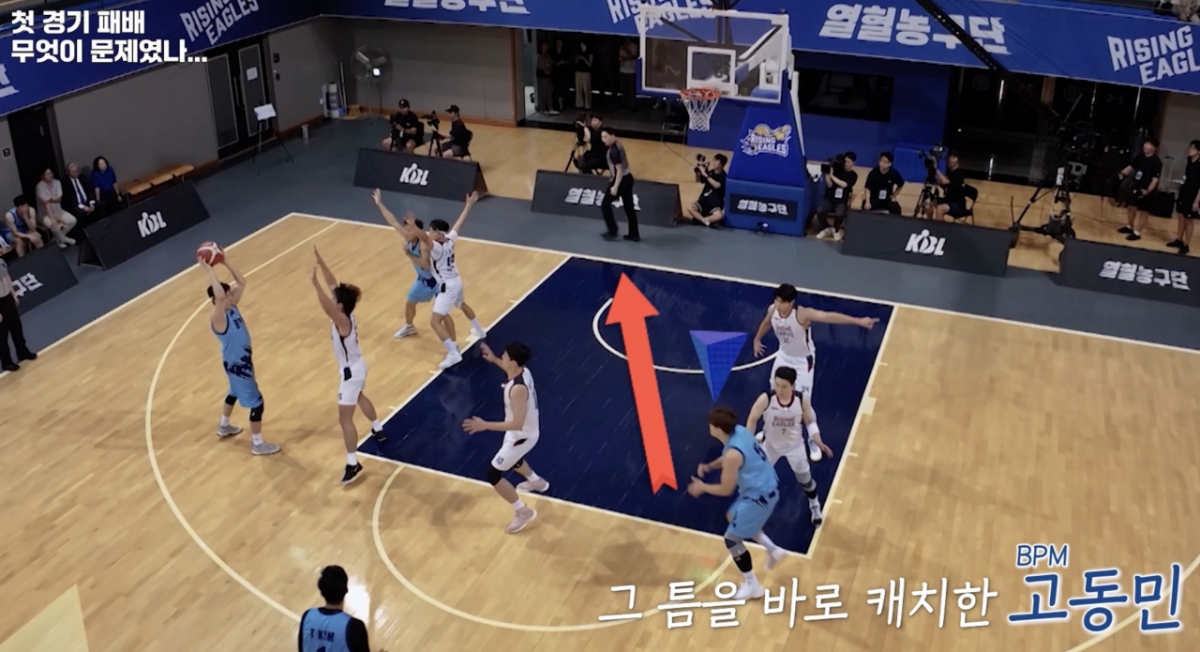 열혈농구단에서 팀 라이징이글스 감독을 맡은 서장훈이 BPM과 경기에서 패배 후 선수들에게 패인에 대해 설명하며 쓴소리하고 있다. /사진=CU미디어