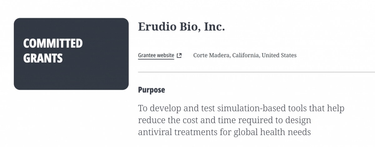 빌게이츠 재단의 홈페이지에 에루디오바이오에 대한 지원 약속이 게재돼 있다./사진=빌게이츠 재단 홈페이지.