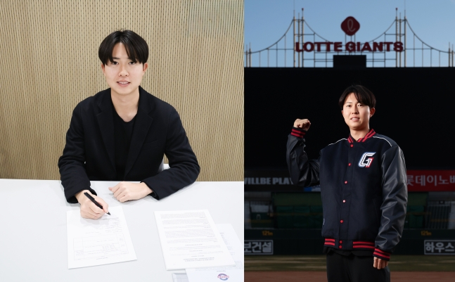 쿄야마 마사야(왼쪽)가 12일 롯데와 아시아쿼터 계약을 맺고 기념촬영을 하고 있다. /사진=롯데 자이언츠 제공
