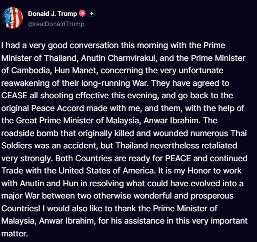 도널드 트럼프 미국 대통령은 12일(현지시간) 태국, 캄보디아 총리와 각각 통화 후 양국이 휴전 협정 복귀에 합의했다고 발표했다. /사진=트럼프 대통령 트루스소셜