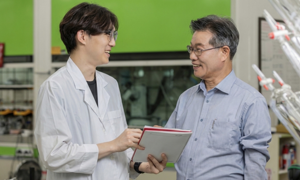 박태교 인투셀 대표(오른쪽)이 연구자와 대화를 나누고 있다. /사진=인투셀