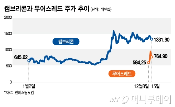 캠브리콘과 무어스레드 주가 추이/그래픽=김지영