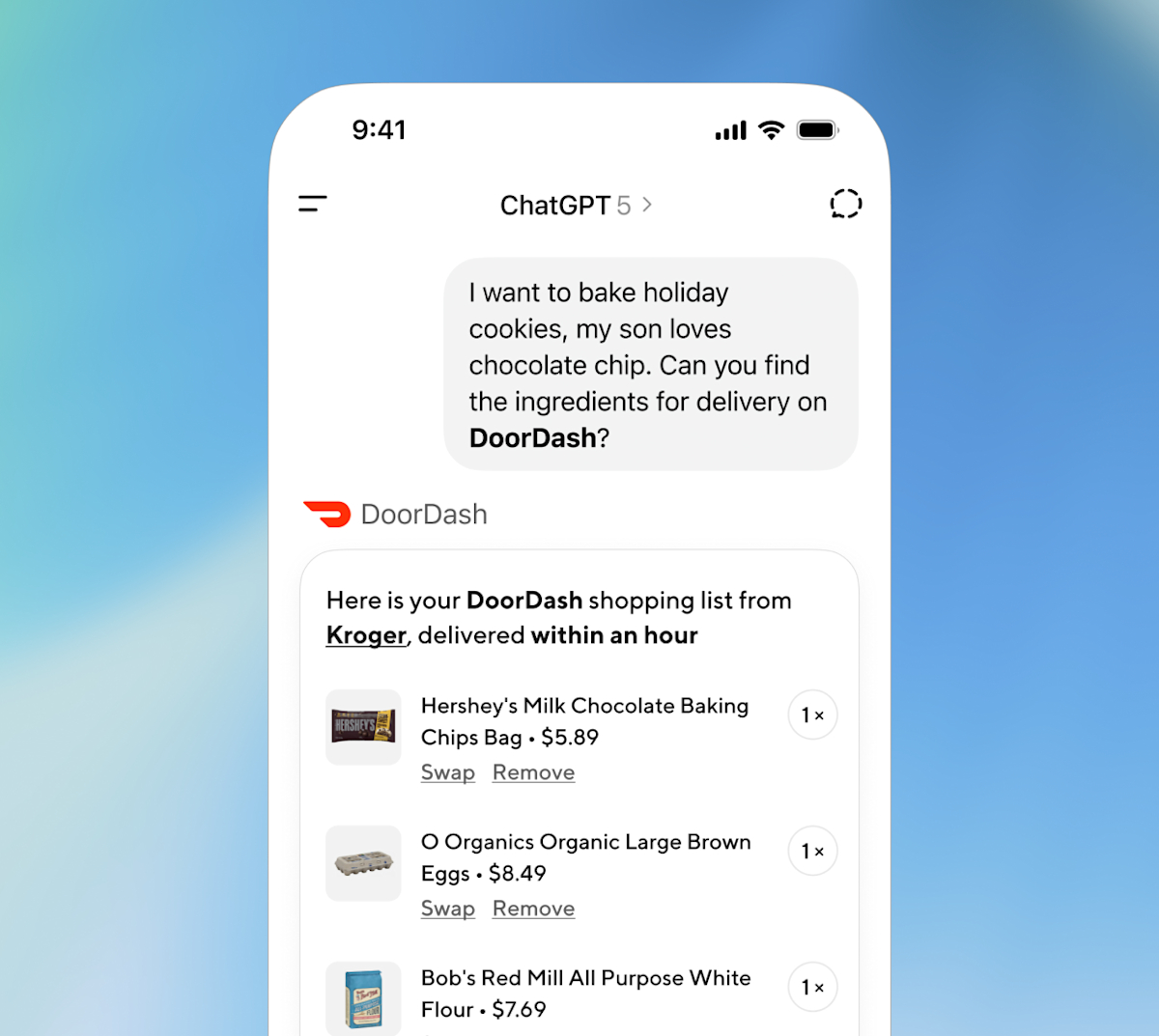 챗GPT 채팅 창에서 도어대시를 활용해 주문을 한 서비스 화면 예시/사진제공=도어대시