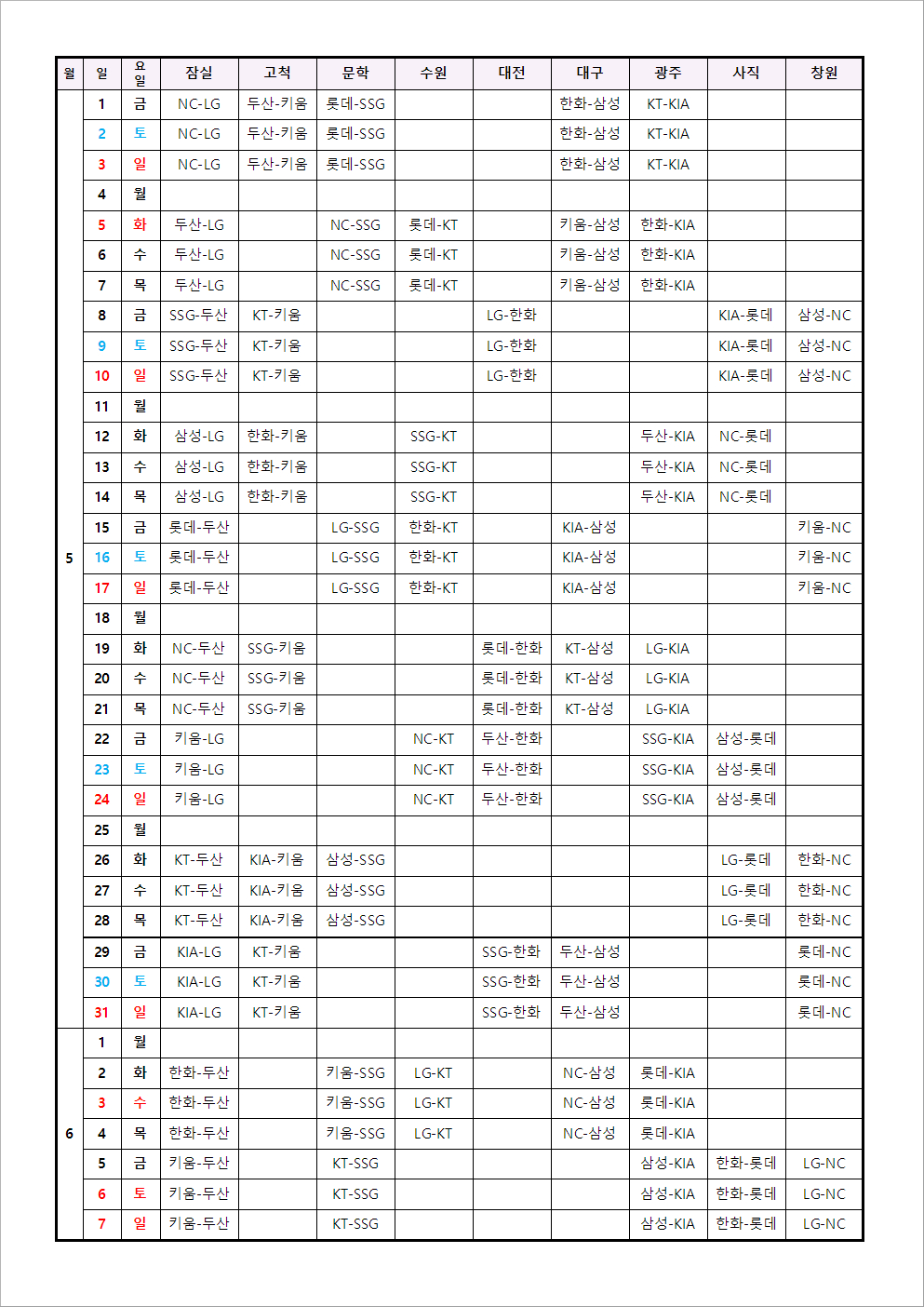 2026 KBO 리그 정규시즌 일정. /표=KBO 제공