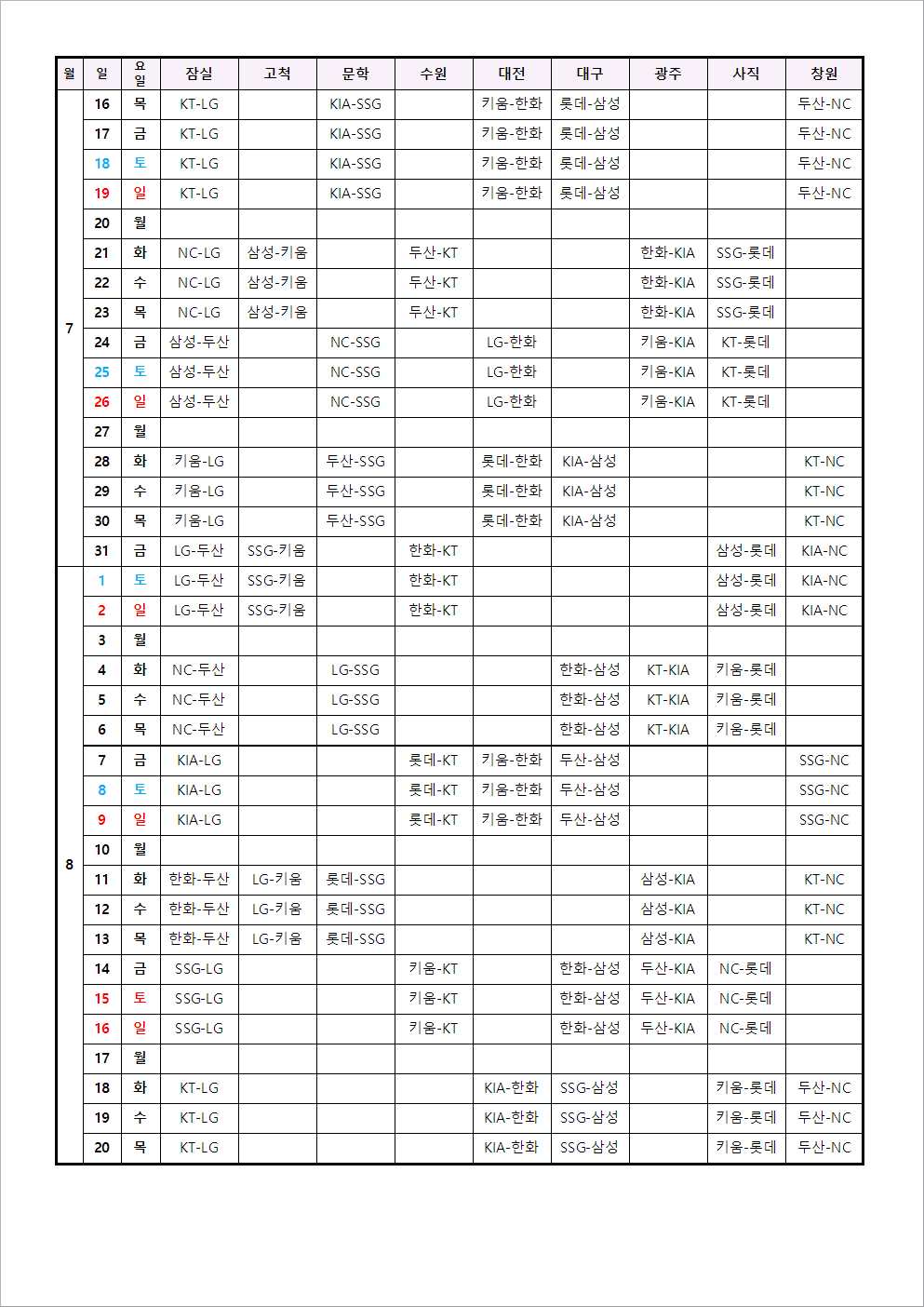 2026 KBO 리그 정규시즌 일정. /표=KBO 제공