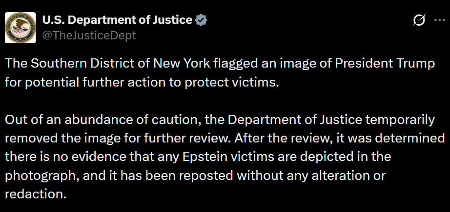 미국 법무부가 도널드 트럼프 미국 대통령이 포함된 사진을 다시 공개했다고 밝혔다./사진=X