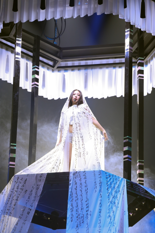 제니가 한글이 적힌 의상을 입고 공연하고 있다.