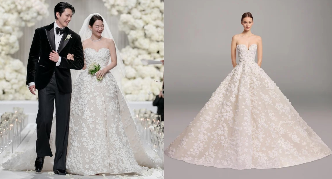 배우 신민아의 본식 드레스가 공개됐다. /사진=에이엠엔터테인먼트 제공, 엘리 사브