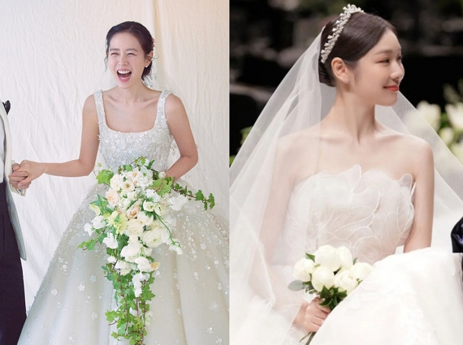 배우 손예진과 전 피겨스케이팅 선수 김연아가 각각 웨딩 화보와 결혼식 본식에서 '엘리 사브' 웨딩드레스를 착용했다. /사진=인스타그램 갈무리