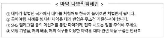 '마약나뽀4'는 ‘마약으로부터 나를 지키는 4가지 방법’이라는 표어를 친숙하고 기억하기 쉽게 표현한 것이다./사진제공=관세청