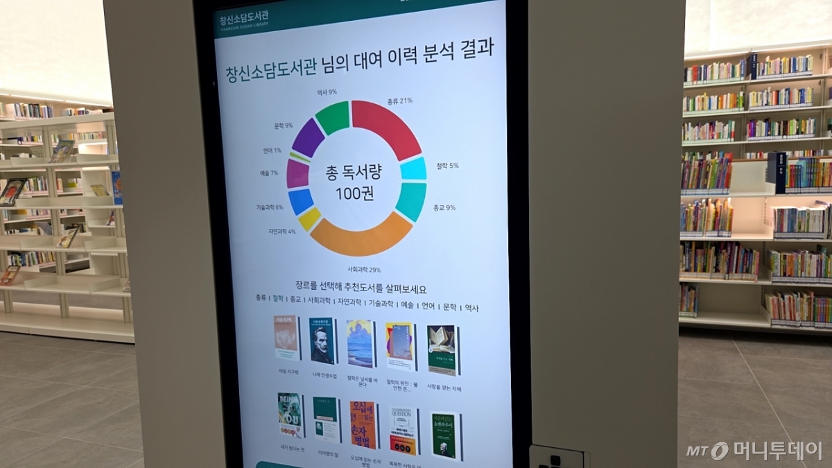 창신소담도서관의 디지털사서시스템에 회원증을 갖다댄 후 '스마트도서 추천' 칸을 누르면 대여 이력을 바탕으로 추천도서가 뜬다./사진=김서현 기자.