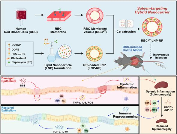 인간 적혈구 세포막 기반 비장 표적형 생체모사 나노전달체의 개념도와 염증성 장질환 치료 메커니즘./사진제공=가톨릭대