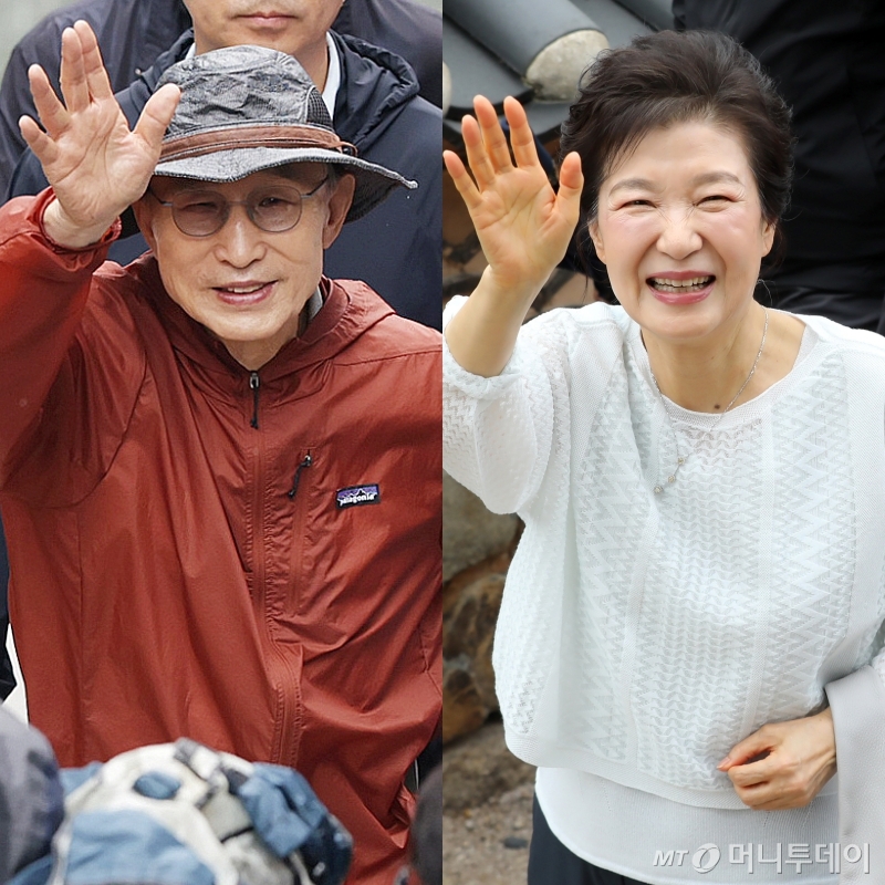 (서울=뉴스1) 황기선 기자,윤일지 기자 = 제21대 대통령선거를 하루 앞둔 2일 이명박·박근혜 전 대통령이 나란히 공개 행보에 나섰다.   사진은 서울시장 재임 시절 복원한 청계천을 찾은 이명박 전 대통령과 부산 금정구 범어사를 방문한 박근혜 전 대통령. 2025.6.2/뉴스1  Copyright © 뉴스1. All rights reserved. 무단 전재 및 재배포,  AI학습 이용 금지. /사진=(서울=뉴스1) 황기선 기자,윤일지 기자