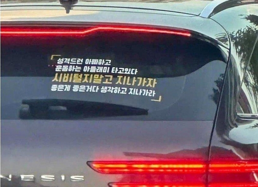 차량 뒷유리에 '시비 걸지 말라'는 내용의 경고성 문구가 적힌 스티커를 붙인 모습이 보는 이들의 눈살을 찌푸리게 했다./사진=온라인 커뮤니티 '보배드림'