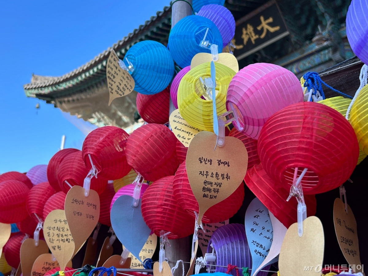 2일 오전 봉은사 대웅전 앞 소원벽. 연등에 각자의 소원이 적힌 메모들이 달려있다. /사진=김지현 기자.