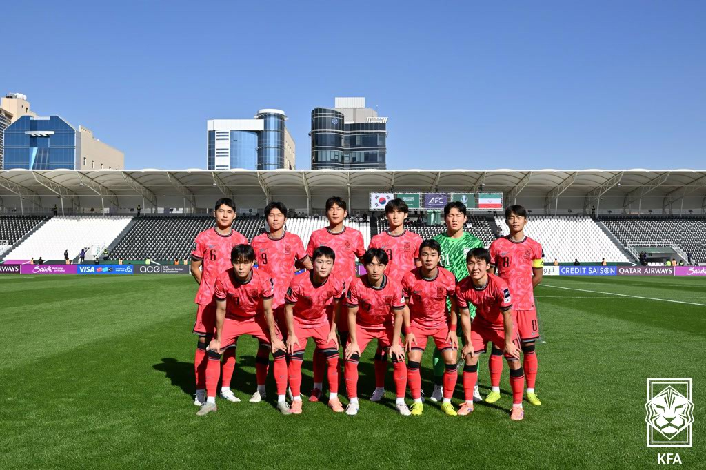 7일(한국시간) 이란과의 2025 AFC U-23 아시안컵 조별리그 C조 1차전에 나선 대한민국 U-23 대표팀 선수들. /사진=대한축구협회 제공
